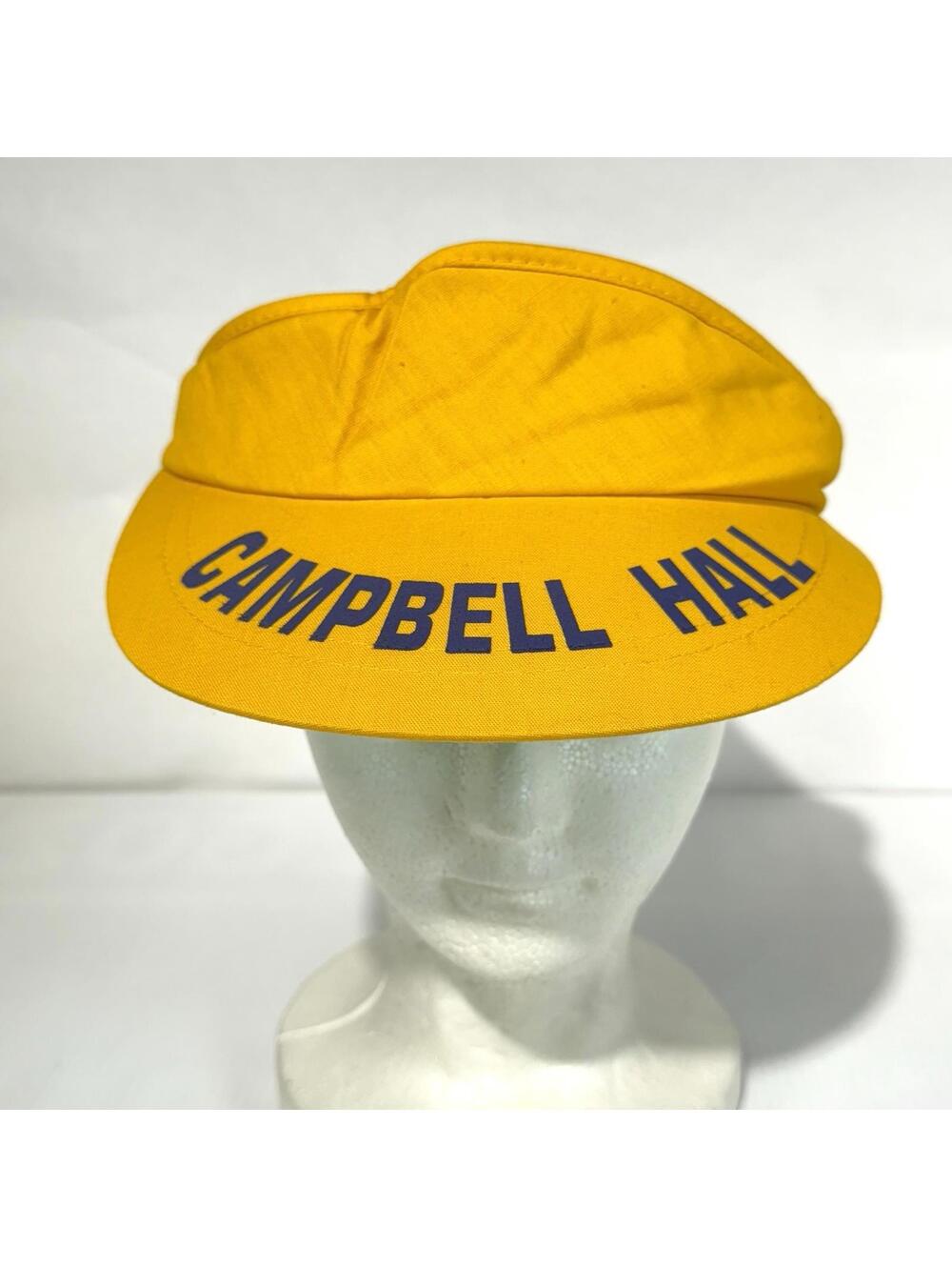 Vintage 1980s Visor Hat Yellow Blue Letters Golf Beach Sun Adjust Campbell Hall